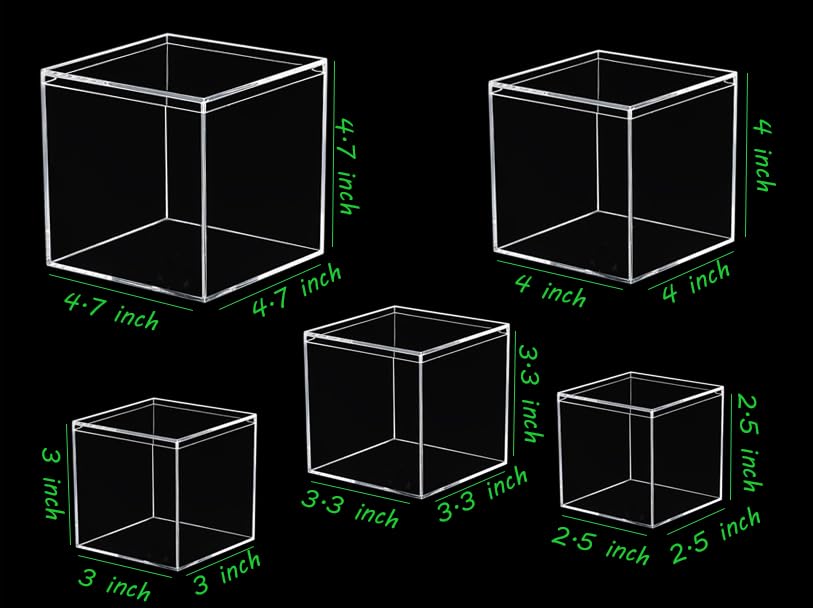 4.7/4/3.3/3/2.5 inch Clear Acrylic Box with Lid, Jewelry Display Box, Plastic Square Cube Decorative Storage Boxes for Candy Pill and Tiny Jewelry, Artwork Display