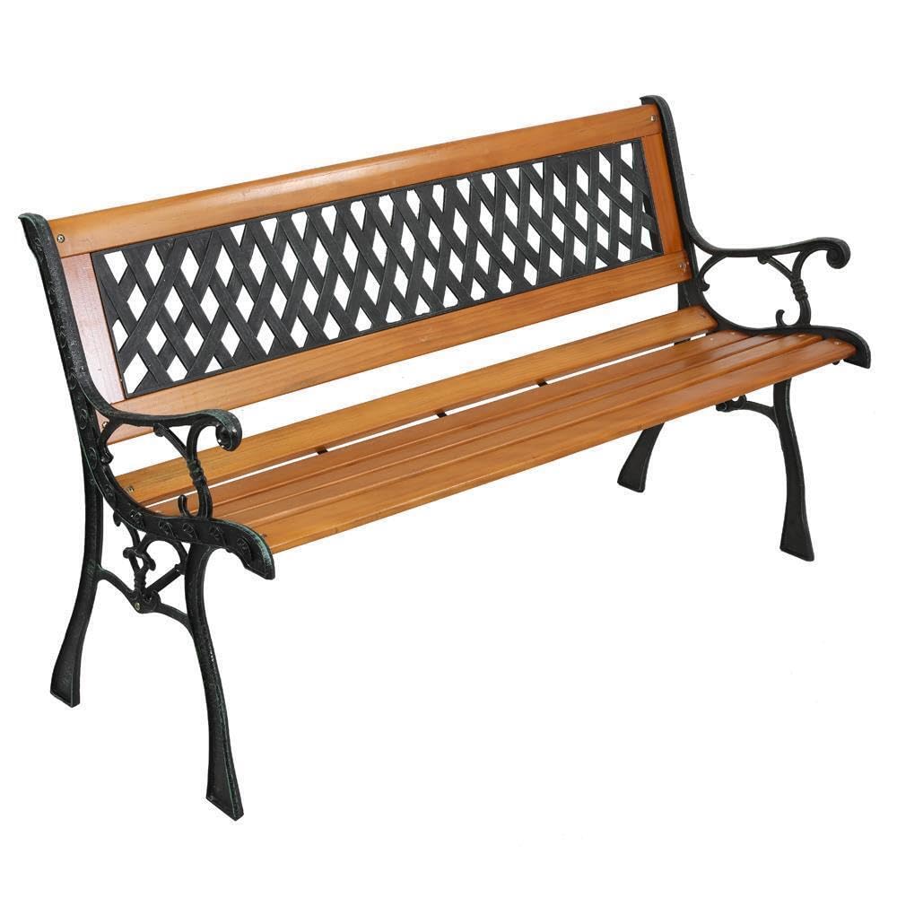 Patio Porch Garden Bench Cast Iron Outdoor Chair Love Seats Park Wooden Seat Bronze & Natural