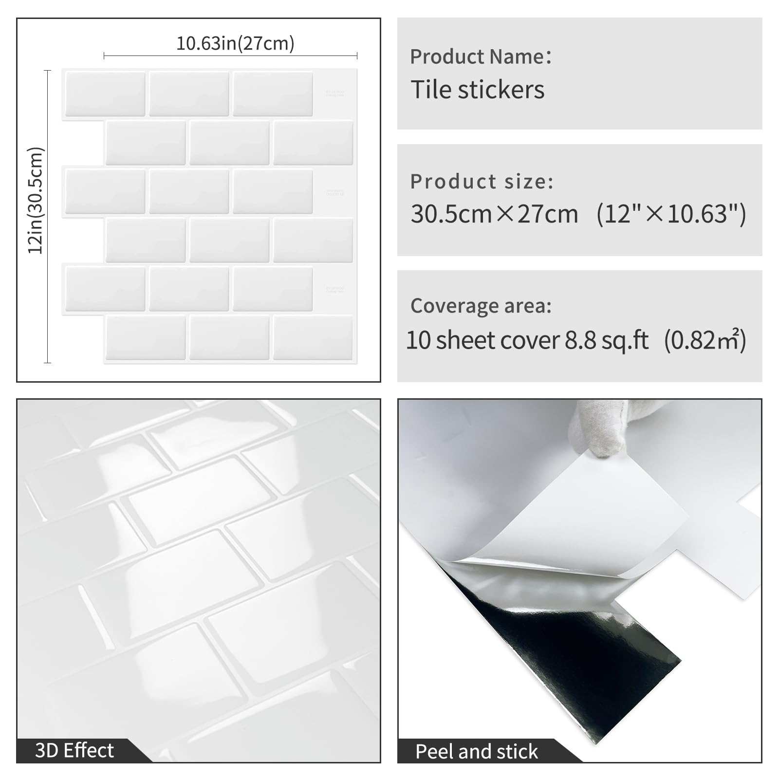 DEWOO Peel and Stick Tile Backsplash for Kitchen Wall, 10-Sheet White Subway Kitchen Backsplash Tiles (12"×12")