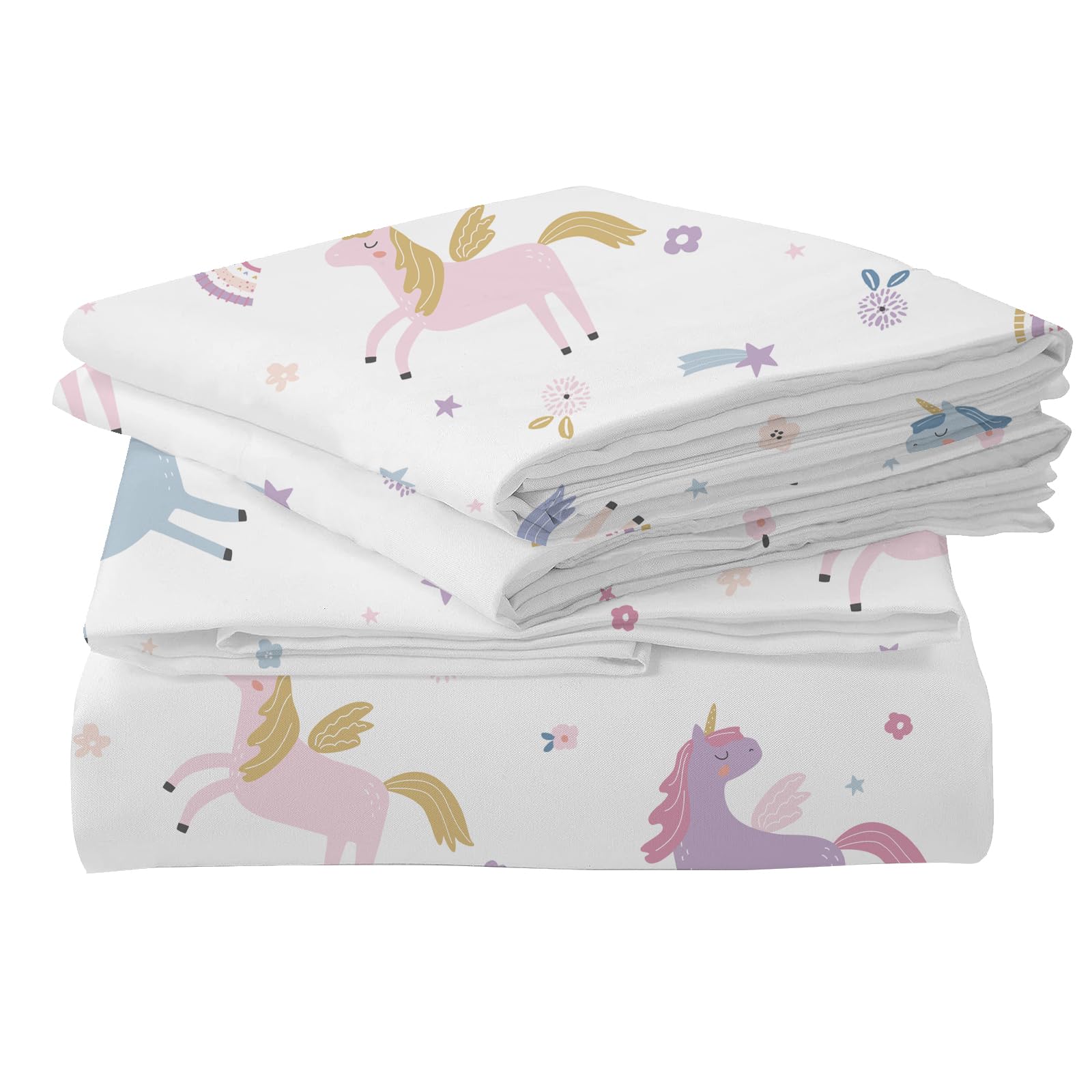 MUSOLEI Unicorn Fitted Sheet Set Full Girls Rainbow Star Sheet Pink Flower Bedding Set 1 Deep Pocket Fitted Sheet with 2 Pillowcases Multi-Colour Girls Kids Teenagers Gift Queen