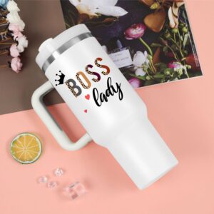 Boss Day Gift for Boss Lady, Boss Lady Nutrition Fact Gift for Boss Lady Manager Coworker Employer, 40 oz Boss Lady Tumbler with Handle, White