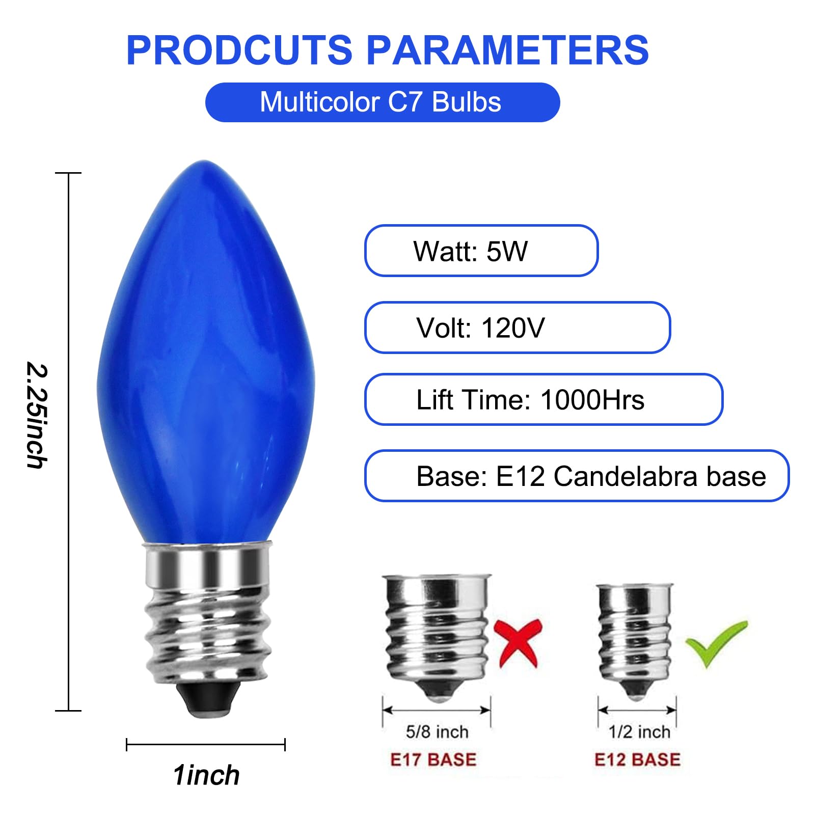 Bokoiuu 25 Pack C7 Blue Replacement Bulbs, 5 Watt Blue Ceramic Christmas Light Bulbs, C7 Incandescent Bulbs for Wedding,Outdoor,Home,Christmas Decor, E12 Base Bulb