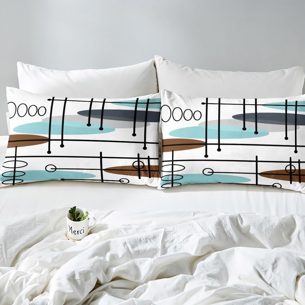 Erosebridal Mid Century Bedding Sets Queen Modern Minimalist Comforter Cover, Hippie Old Fashion Bed Set Abstract Artwork Duvet Cover, Aesthetic Lines Circles Quilt Cover Teal White Grey