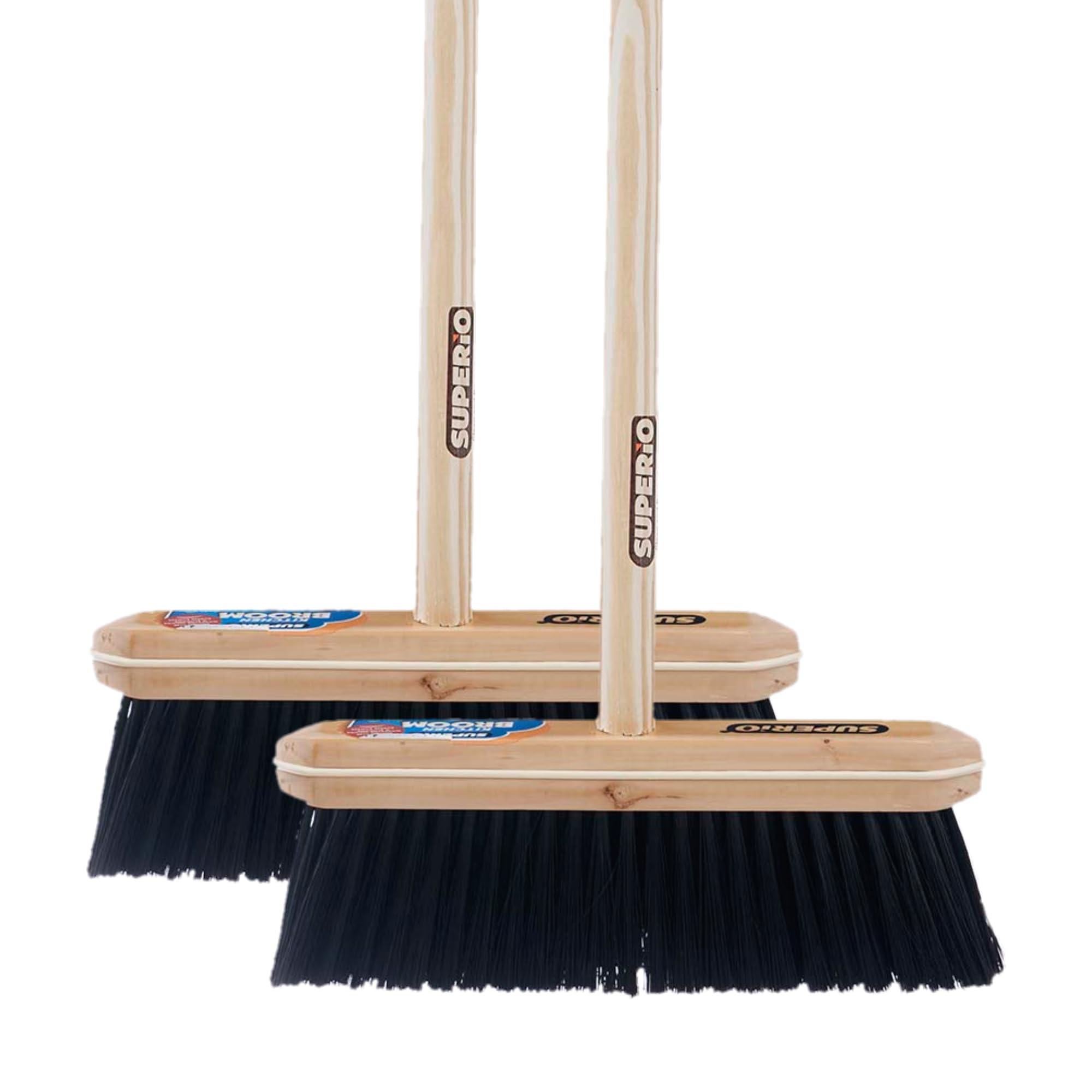 Superio Kitchen Broom Premium Black Tampico Bristles, Wood USA Handle, Heavy Duty Household Broom - Easy Swiping Dust and Wisp, Home, Kitchen Bedroom, Lobby, Floors and Corners 2-Pack