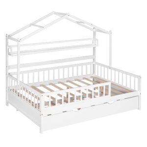 Bellemave Wooden Full Size House Bed with Trundle,Kids Full Playhouse Platform Bed Frame with Storage Shelves,Montessori Be for Kids Teens Girls & Boys (White)