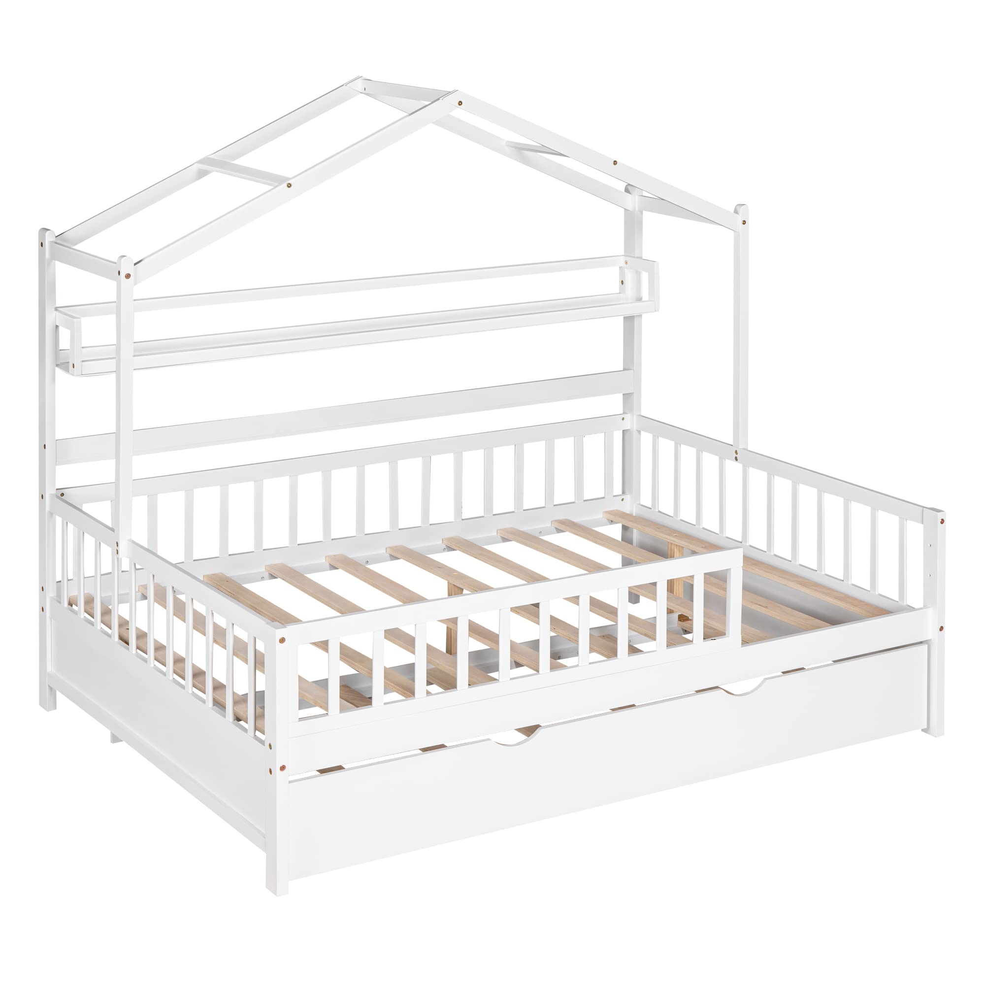 Bellemave Wooden Full Size House Bed with Trundle,Kids Full Playhouse Platform Bed Frame with Storage Shelves,Montessori Be for Kids Teens Girls & Boys (White)