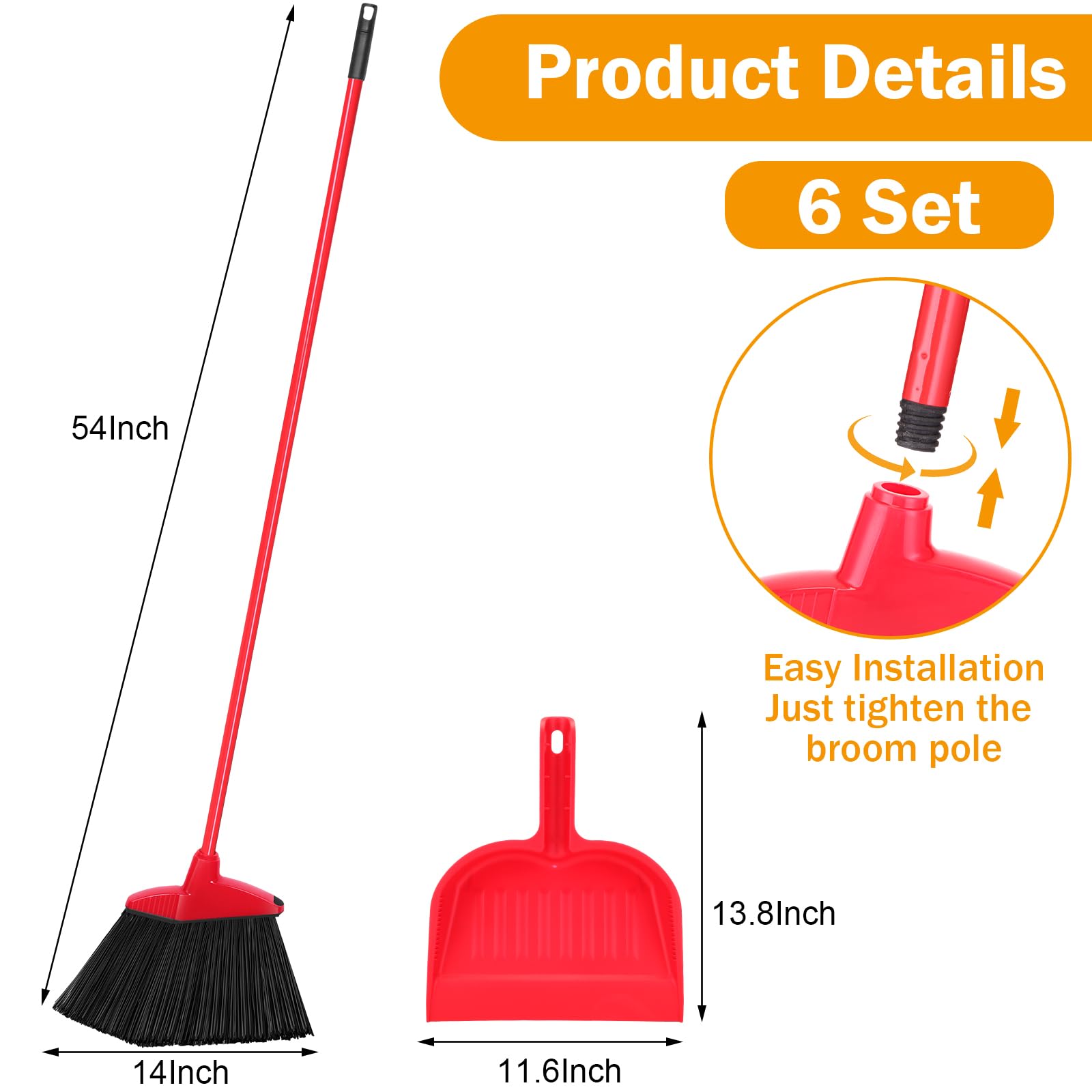 Maxcheck 6 Pcs Broom and Dustpan Set 54 Inch Heavy Duty Brooms with Dust Pan Combo Set Indoor Broom and Dustpan Commercial Shop Angle Brooms Bulk for Home Office Lobby Kitchen(Red)