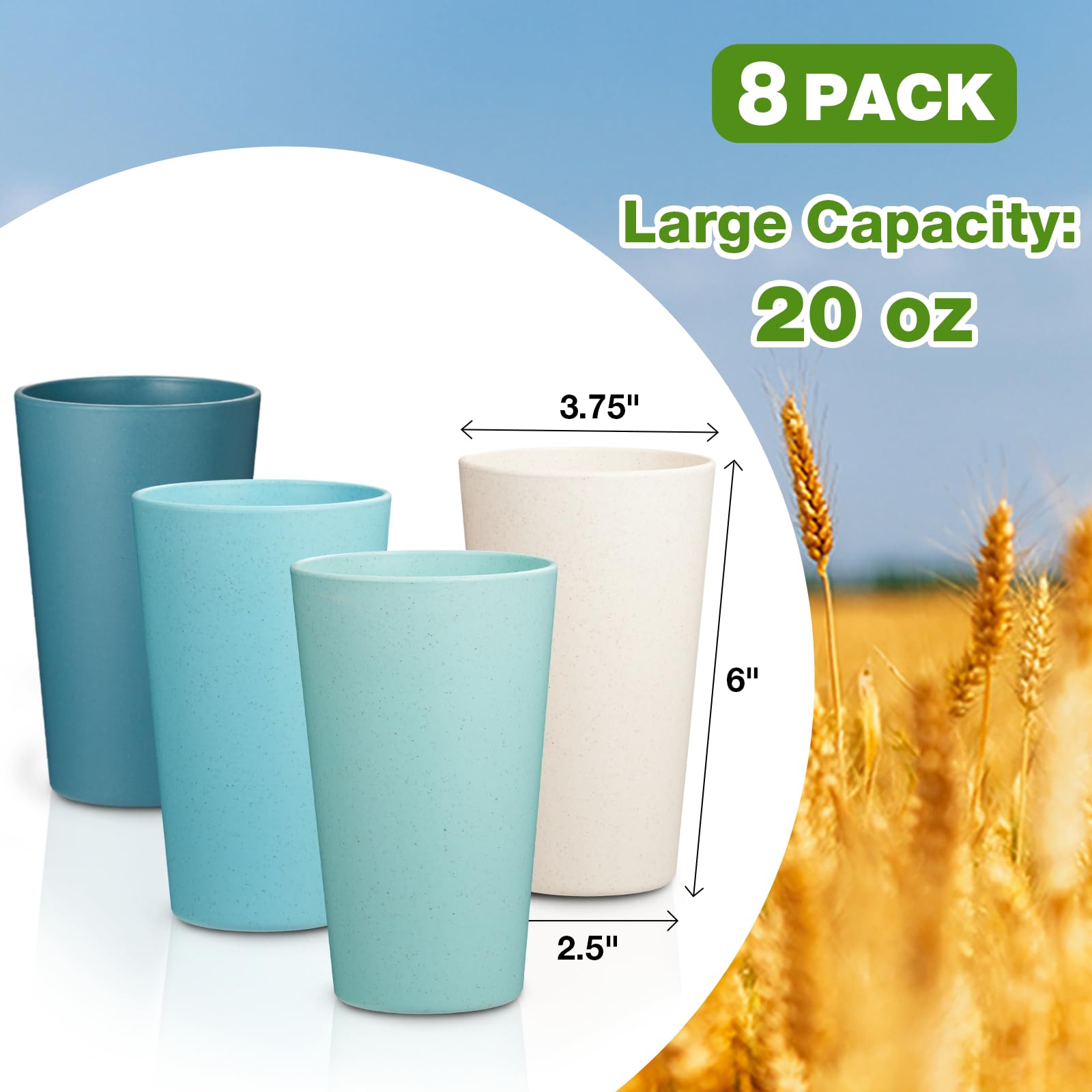 Hlukana Wheat Straw Cups Set of 8, 20 oz Unbreakable Drinking Cup, Chip Resistant Cups, Reusable Water Cup Set, Large Cups for Kitchen, Camping, BPA Free Cups, Dishwasher & Microwave Safe Tumbler Cups