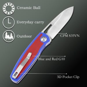 KANSEPT Mato Pocket Folding Knives for Men EDC Camping Folding Knife 3.3'' Satin CPM-S35VN Material Pocket Folding Knife with Blue and Red G10 Handle Everyday Carry K1050A1