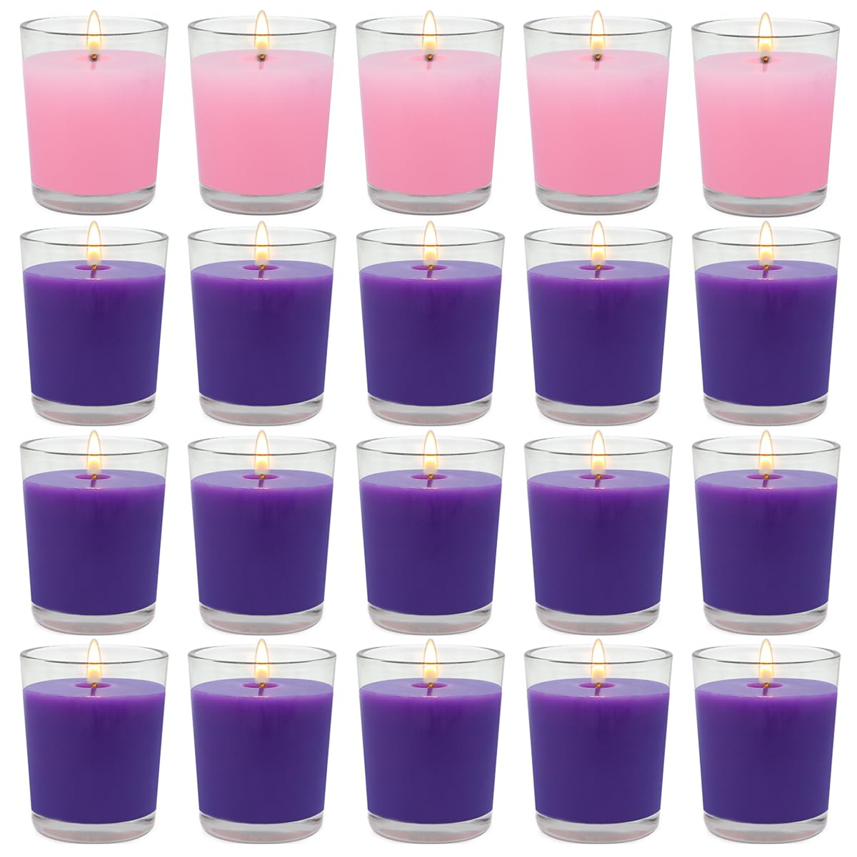 20 Packs Advent Candles with Clear Glass Holder, 15 Purple and 5 Pink Votive Candles, Unscented Seasonal Celebration Candles for Christmas Table Decoration