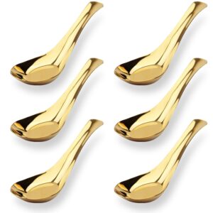 asian soup spoons stainless steel chinese soup spoons set of 6 soup spoons silverware cucharas para comer for ramen pho wonton dumpling noodles (gold)