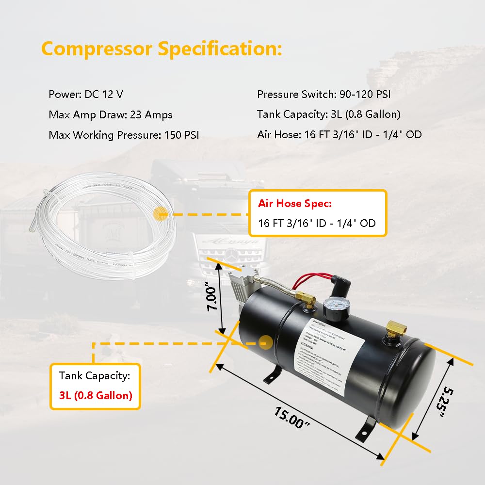 DC 12V MAX 150PSI Air Compressor with 3 Liter Tank 0.8 Gallon | Fit for Train Truck Horns Motorhome Tires | Inflator Air Compressor with 3L Tank Train Air Horn Kit