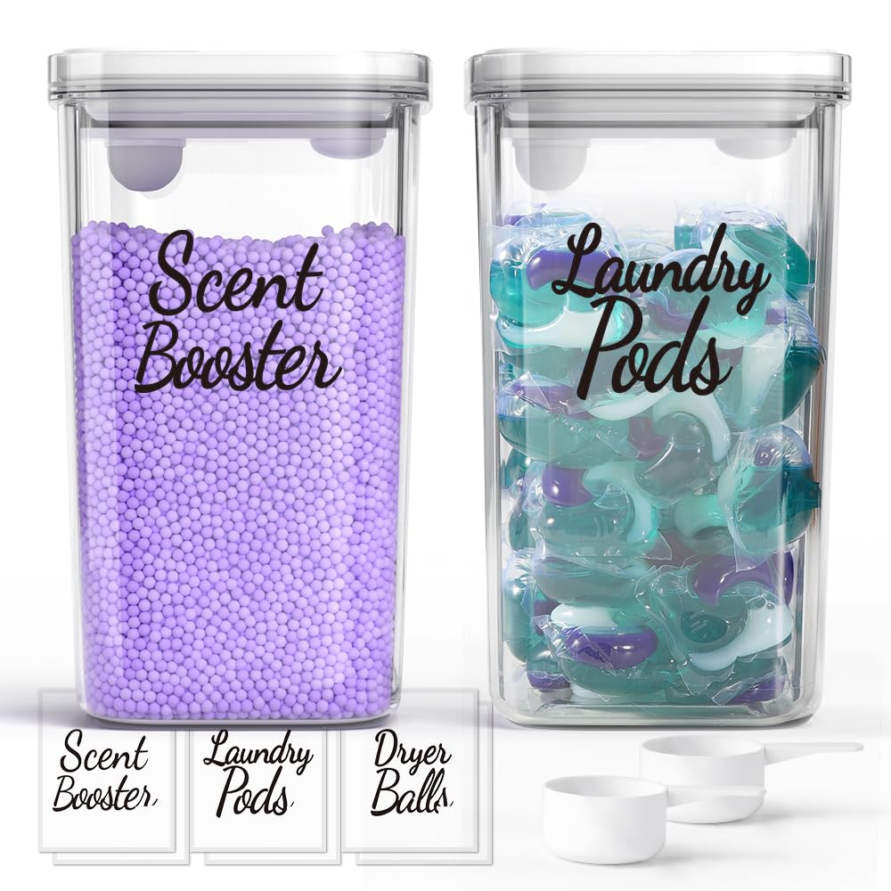 Moryimi Laundry Scent Booster Container for Laundry Room Organization and Storage, 2 Pack 94oz Scent Bead Dispenser with Scoop, Laundry Pods Container Laundry Powder Container Dryer Ball Holder