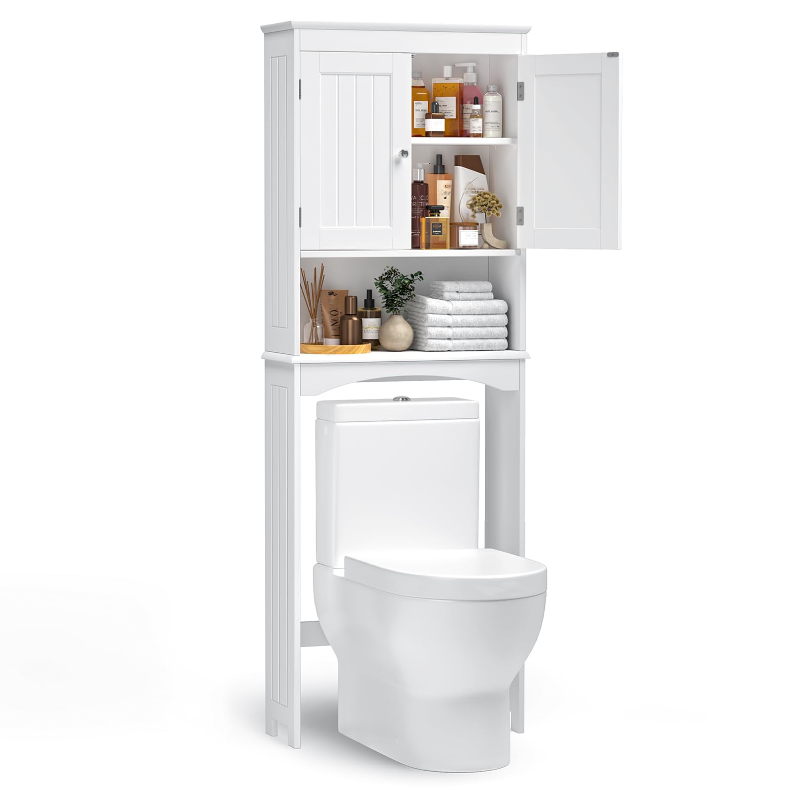 Bealife Over The Toilet Storage Cabinet with Open Shelf, Organizer with Adjustable Shelf and Double Doors,Over The Toilet Storage Shelf Free Standing- White