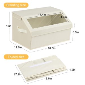 DIMJ Closet Storage Bins with Lids, Storage Boxes with Front Window, Foldable Fabric Storage Bins, Closet Organizers and Storage for Clothes Towels Shelves, 4 Pack Beige