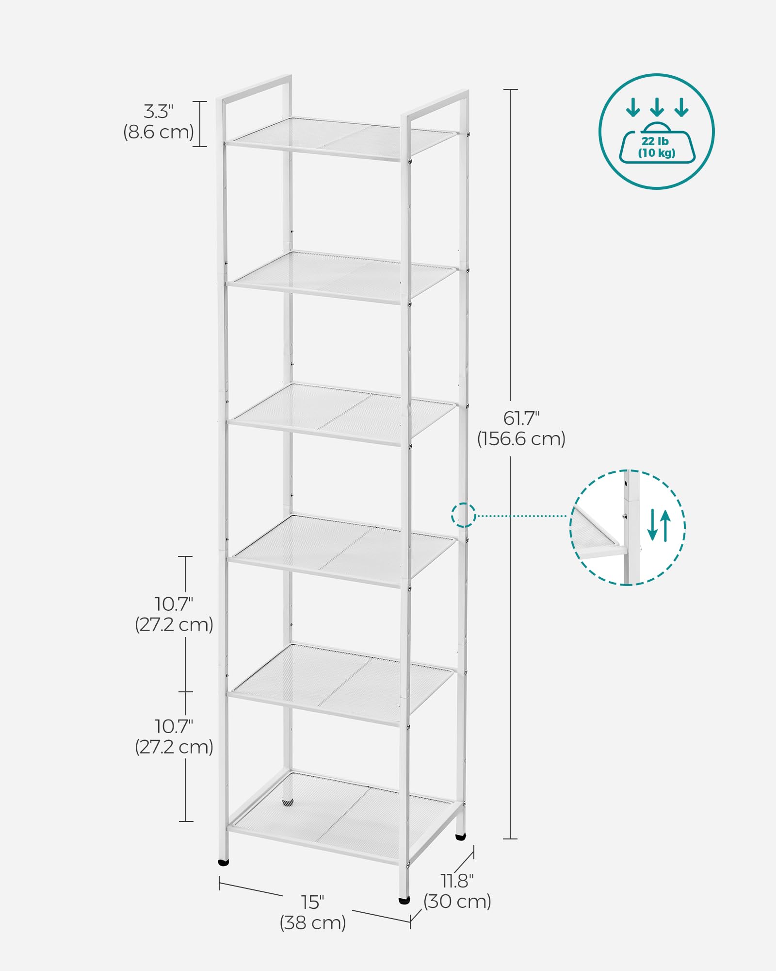 SONGMICS 6-Tier Storage Rack, Bathroom Shelf, Extendable Plant Stand with Adjustable Shelf, for Bathroom, Living Room, Balcony, Kitchen, Classic White UBSC036W01