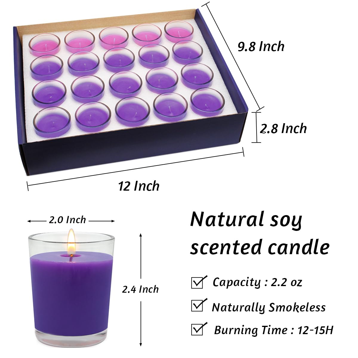 20 Packs Advent Candles with Clear Glass Holder, 15 Purple and 5 Pink Votive Candles, Unscented Seasonal Celebration Candles for Christmas Table Decoration