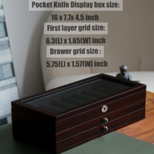 Bonaking Knife Display Case, 22-26 Slot Storage Box, Ebony Veneer, 3-Tier, Lockable, Showcase & Organizer for Pocket Knives, Men Gift, 15.9x7.8x4.5 inches