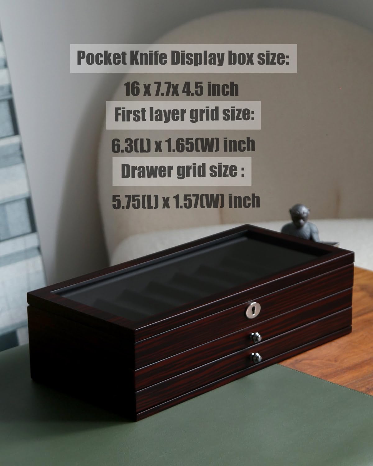 Bonaking Knife Display Case, 22-26 Slot Storage Box, Ebony Veneer, 3-Tier, Lockable, Showcase & Organizer for Pocket Knives, Men Gift, 15.9x7.8x4.5 inches