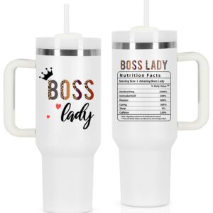 Boss Day Gift for Boss Lady, Boss Lady Nutrition Fact Gift for Boss Lady Manager Coworker Employer, 40 oz Boss Lady Tumbler with Handle, White