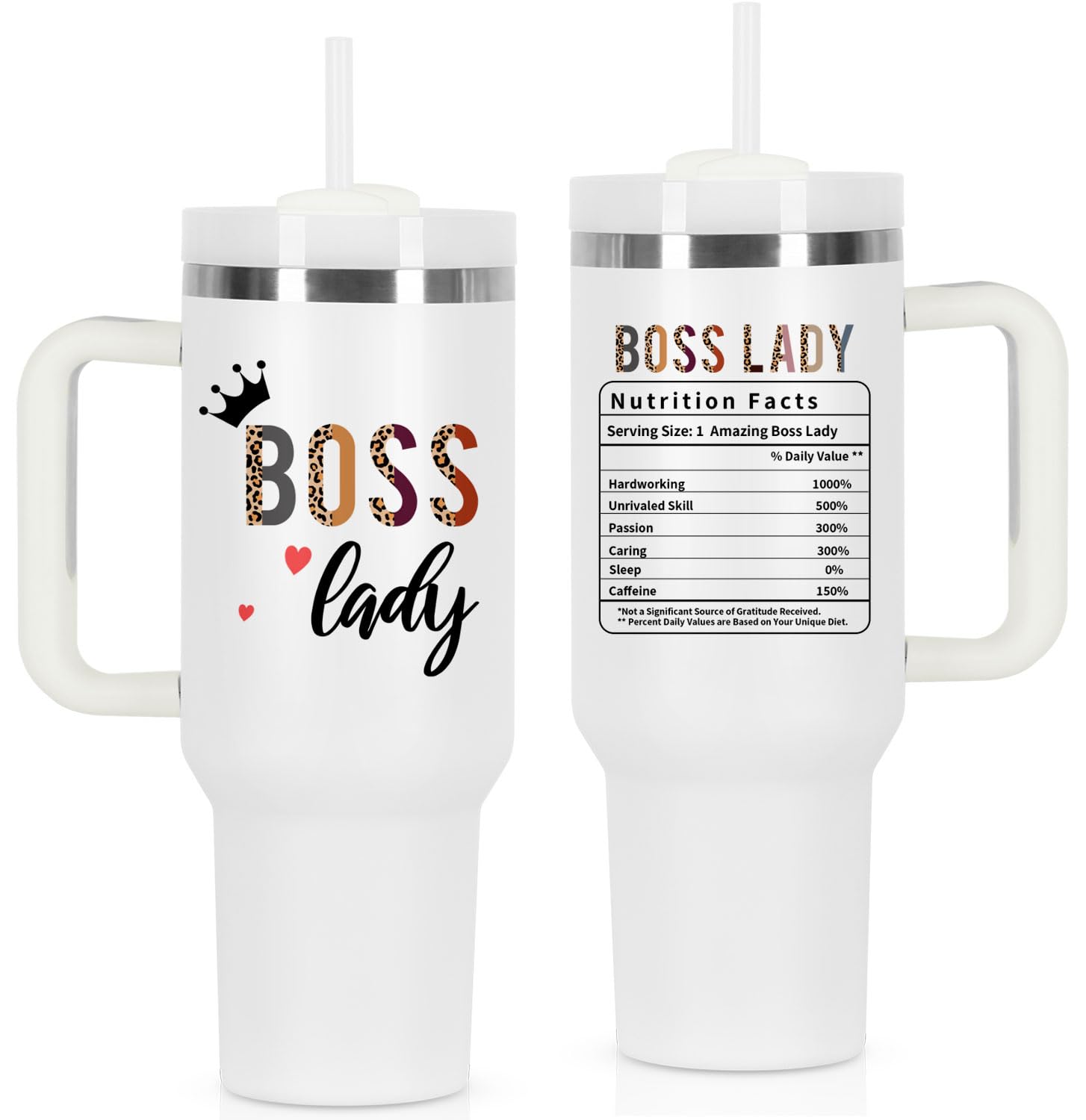 Boss Day Gift for Boss Lady, Boss Lady Nutrition Fact Gift for Boss Lady Manager Coworker Employer, 40 oz Boss Lady Tumbler with Handle, White