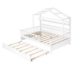 Bellemave Wooden Full Size House Bed with Trundle,Kids Full Playhouse Platform Bed Frame with Storage Shelves,Montessori Be for Kids Teens Girls & Boys (White)