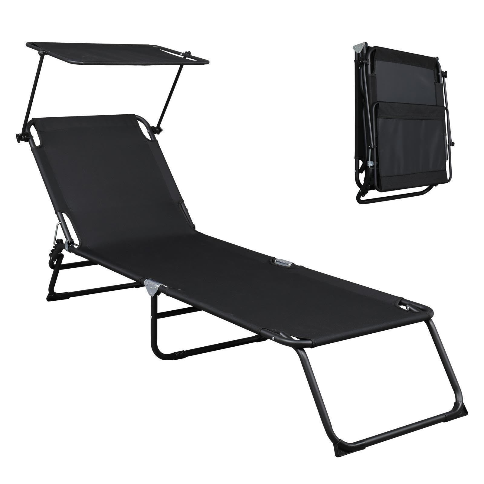 Folding Chaise Lounge Chair 4 Position Sunbathing Patio Chair Recliner Canopy