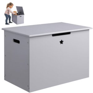 navaris wooden toy box with child's bench lid - wood storage chest for children's toys and kid's seat with star design - grey