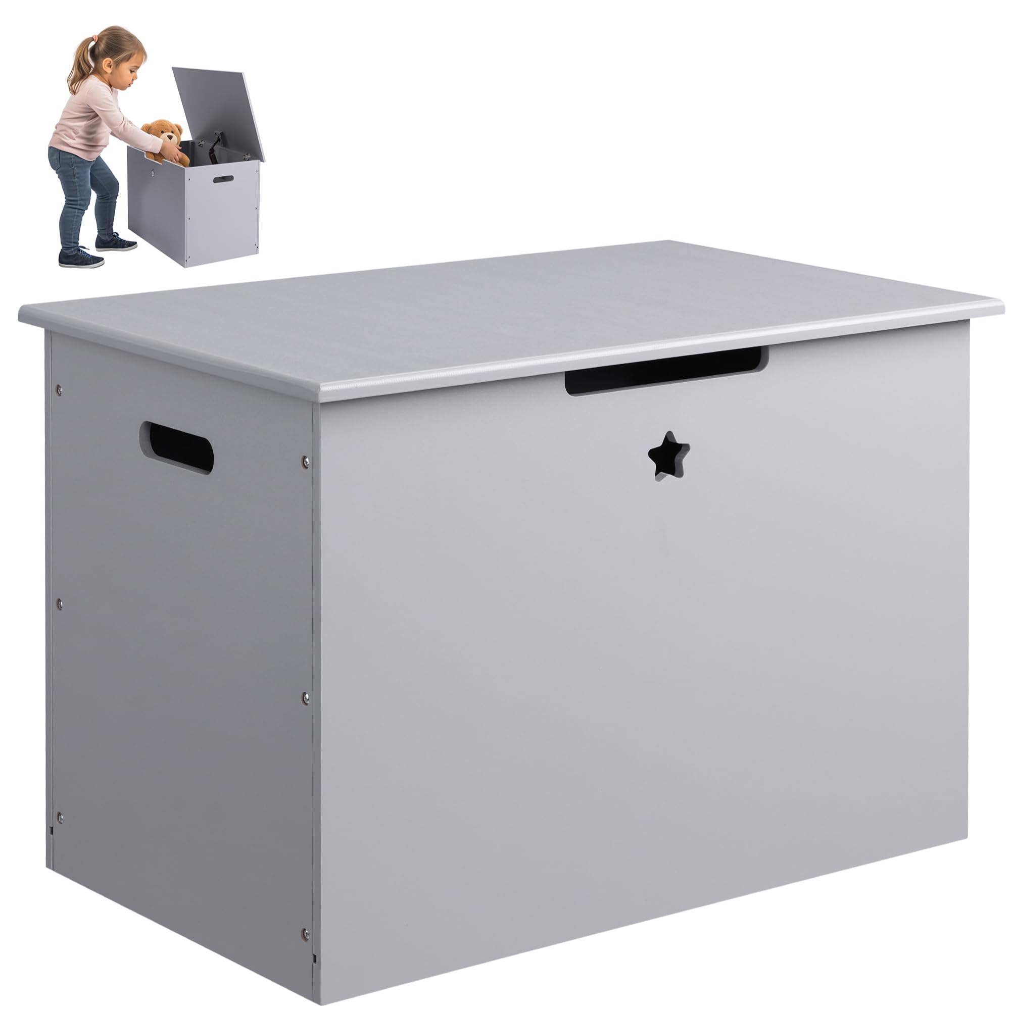 Navaris Wooden Toy Box with Child's Bench Lid - Wood Storage Chest for Children's Toys and Kid's Seat with Star Design - Grey