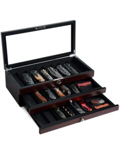 bonaking knife display case, 22-26 slot storage box, ebony veneer, 3-tier, lockable, showcase & organizer for pocket knives, men gift, 15.9x7.8x4.5 inches