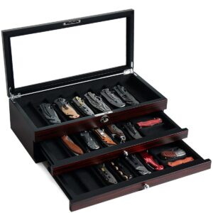 Bonaking Knife Display Case, 22-26 Slot Storage Box, Ebony Veneer, 3-Tier, Lockable, Showcase & Organizer for Pocket Knives, Men Gift, 15.9x7.8x4.5 inches