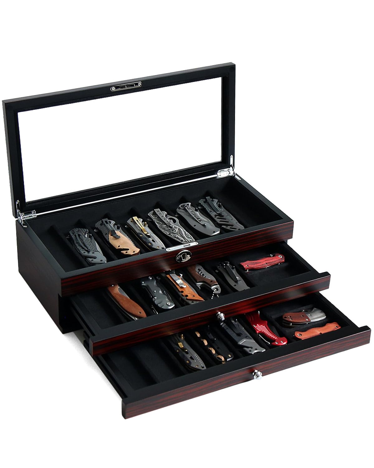 Bonaking Knife Display Case, 22-26 Slot Storage Box, Ebony Veneer, 3-Tier, Lockable, Showcase & Organizer for Pocket Knives, Men Gift, 15.9x7.8x4.5 inches