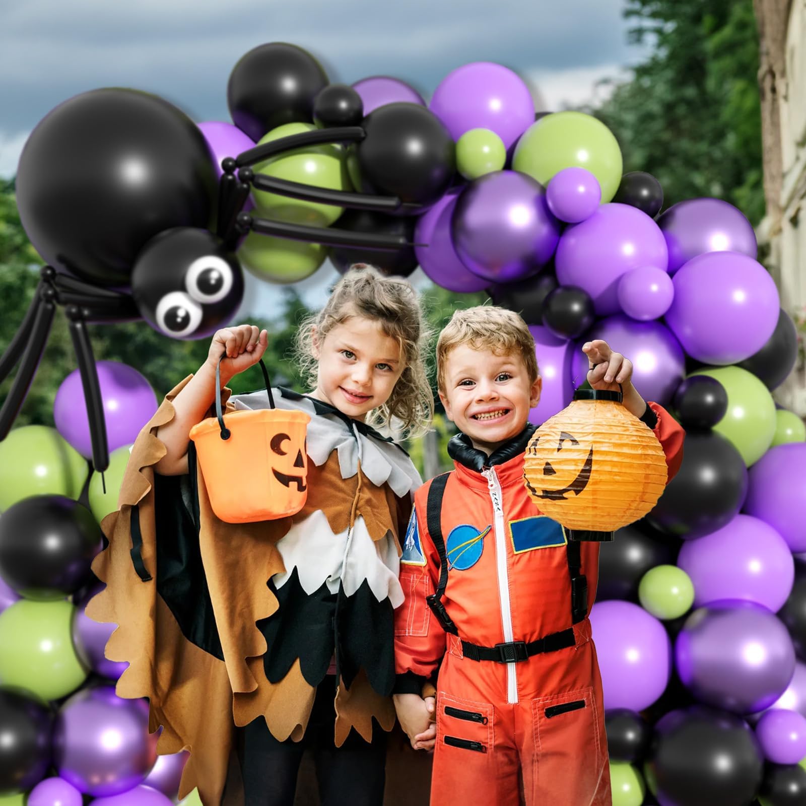 GRESAHOM Halloween Balloon Arch Garland Kit with DIY Big Spider Balloons, Purple Metallic Lime Green Black Balloons Garland with Eye Balloons for Kids Halloween Birthday Hocus Pocus Party Decorations