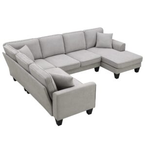 U Shape Sectional Sofa, 7-Seat Fabric Sectional Sofa Set with 3 Pillows,Fabric Corner Couch with Backrest and Armrest for Living Room, Apartment, Office (Light Grey)