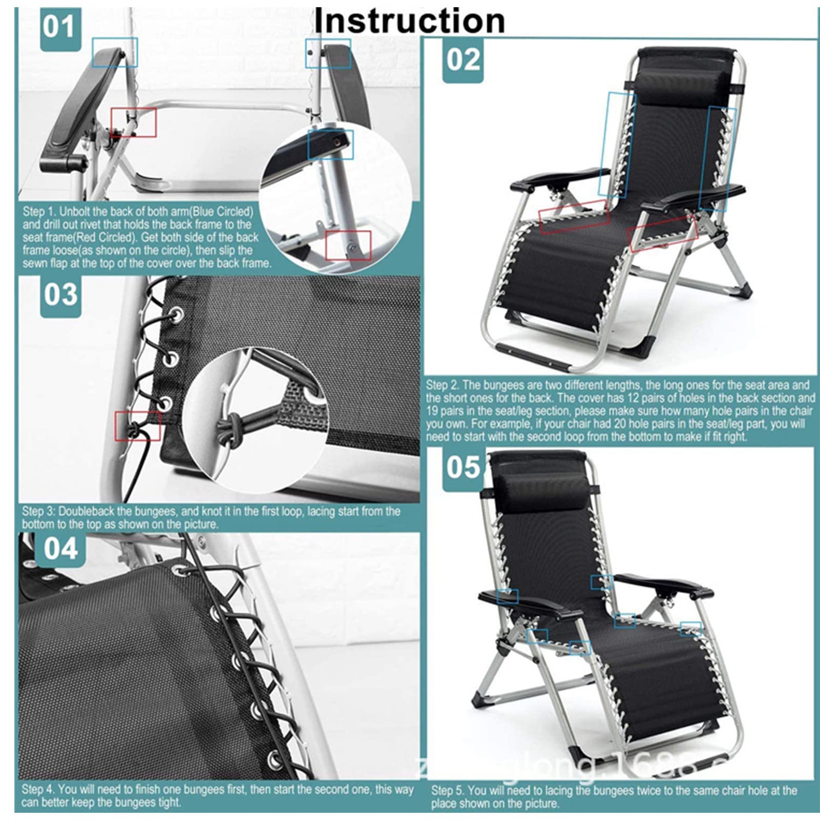 Kumprohu Chair Replacement Fabric - Wide Repair Cloth Foldable Chair Repair Kit - Elastic Folding Lounge Repair Cloth Outdoor Folding Chair Fabric with 4 Ropes for Lawn Camping