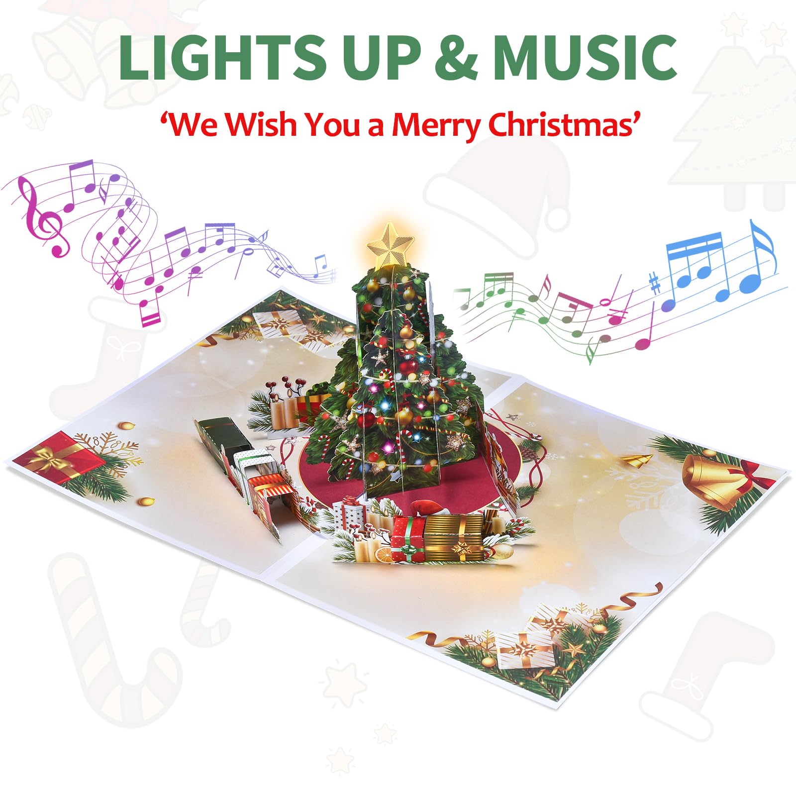 Venhoo Pop Up Christmas Cards with Light and Music, Christmas Tree Design, Handmade 3D Popup Musical Greeting Card for Christmas Holiday Includes Envelop, Playing-We Wish You a Merry Christmas