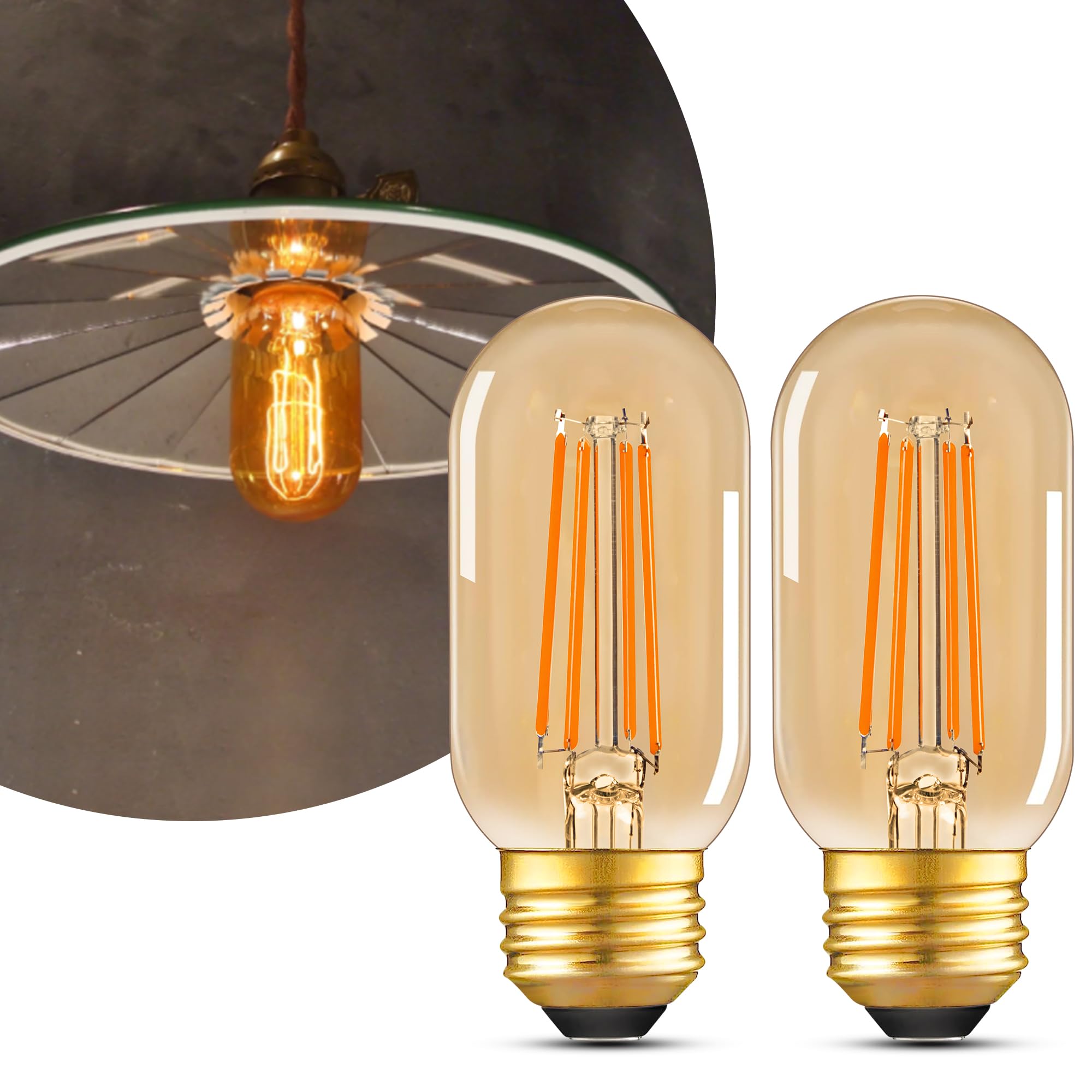 T45/T14 Dimmable E26 Led Tube Edison Light Bulb ,1W(10W Equivalent) ,AC120V Warm White 2200K 6W 600LM Amber Type T Light Bulbs for Piano Light Bulb,Curio Cabinet, Lamp,Celling Fan,Sconce,Pack of 2