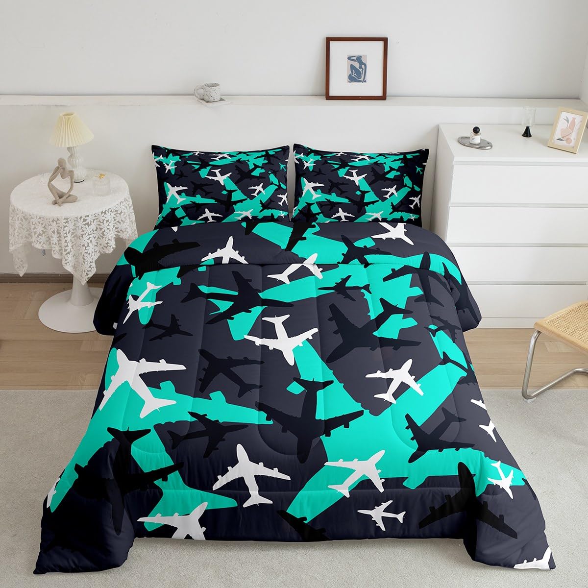 Homewish Cartoon Aircraft Comforter Set Queen Size Blue Green Airplane Bedding Set 3Pcs Army Camo Quilt Set for Kids Boys Teens Men Bedroom Decor Black White Camouflage Duvet Insert,2 Pillowcases