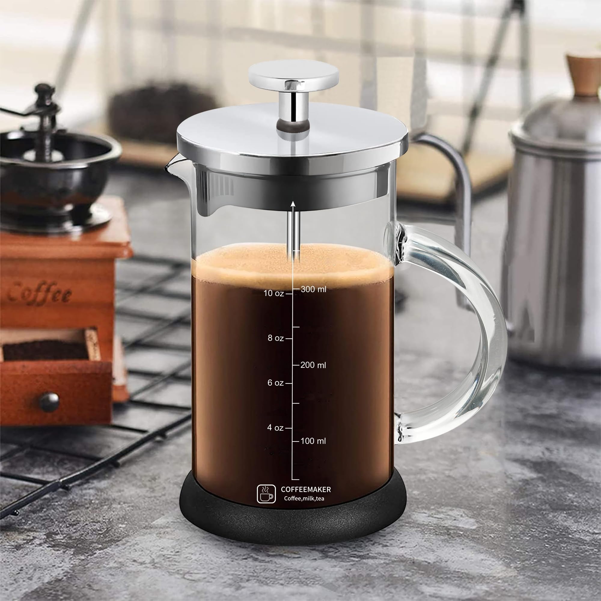 French Press Coffee Maker 12 Ounce Espresso Tea Coffee Maker with 4 Filters System, Stainless Steel Plunger and Heat Resistant Borosilicate Glass BPA-Free Brewed Tea Pot Coffee Plunger(Silvery 12oz)