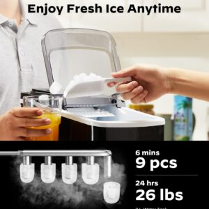 Silonn Smart Countertop Ice Maker, Compact Wi-Fi Ice Maker with App Control, 9 Cubes in 6 Mins, 26 lbs per Day, 2 Ice Cube Sizes, Portable Ice Maker with Self-Cleaning for Kitchen/Office/RV