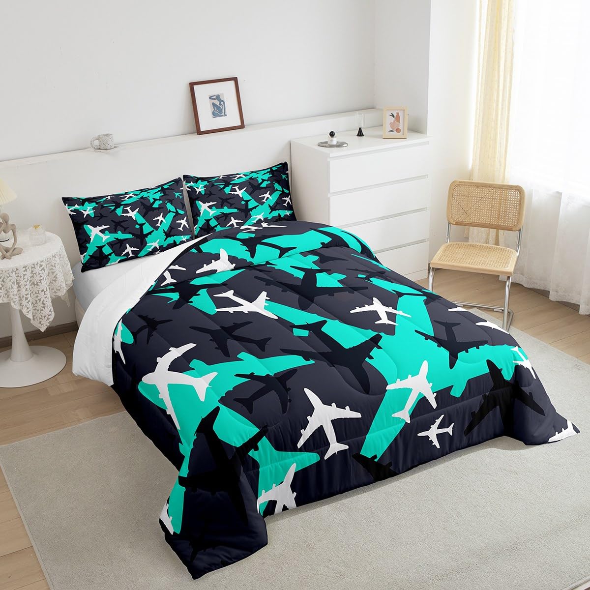 Homewish Cartoon Aircraft Comforter Set Queen Size Blue Green Airplane Bedding Set 3Pcs Army Camo Quilt Set for Kids Boys Teens Men Bedroom Decor Black White Camouflage Duvet Insert,2 Pillowcases