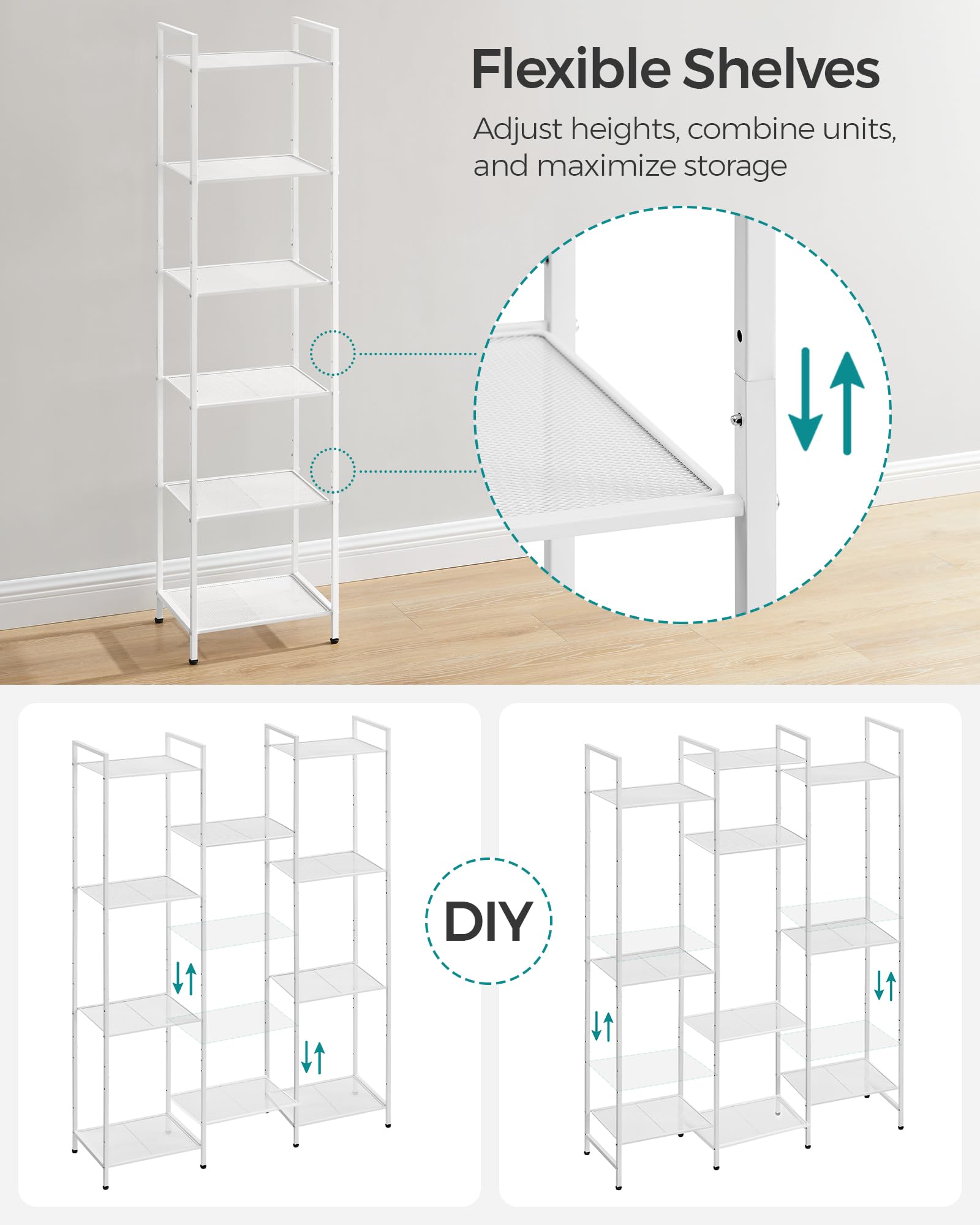 SONGMICS 6-Tier Storage Rack, Bathroom Shelf, Extendable Plant Stand with Adjustable Shelf, for Bathroom, Living Room, Balcony, Kitchen, Classic White UBSC036W01