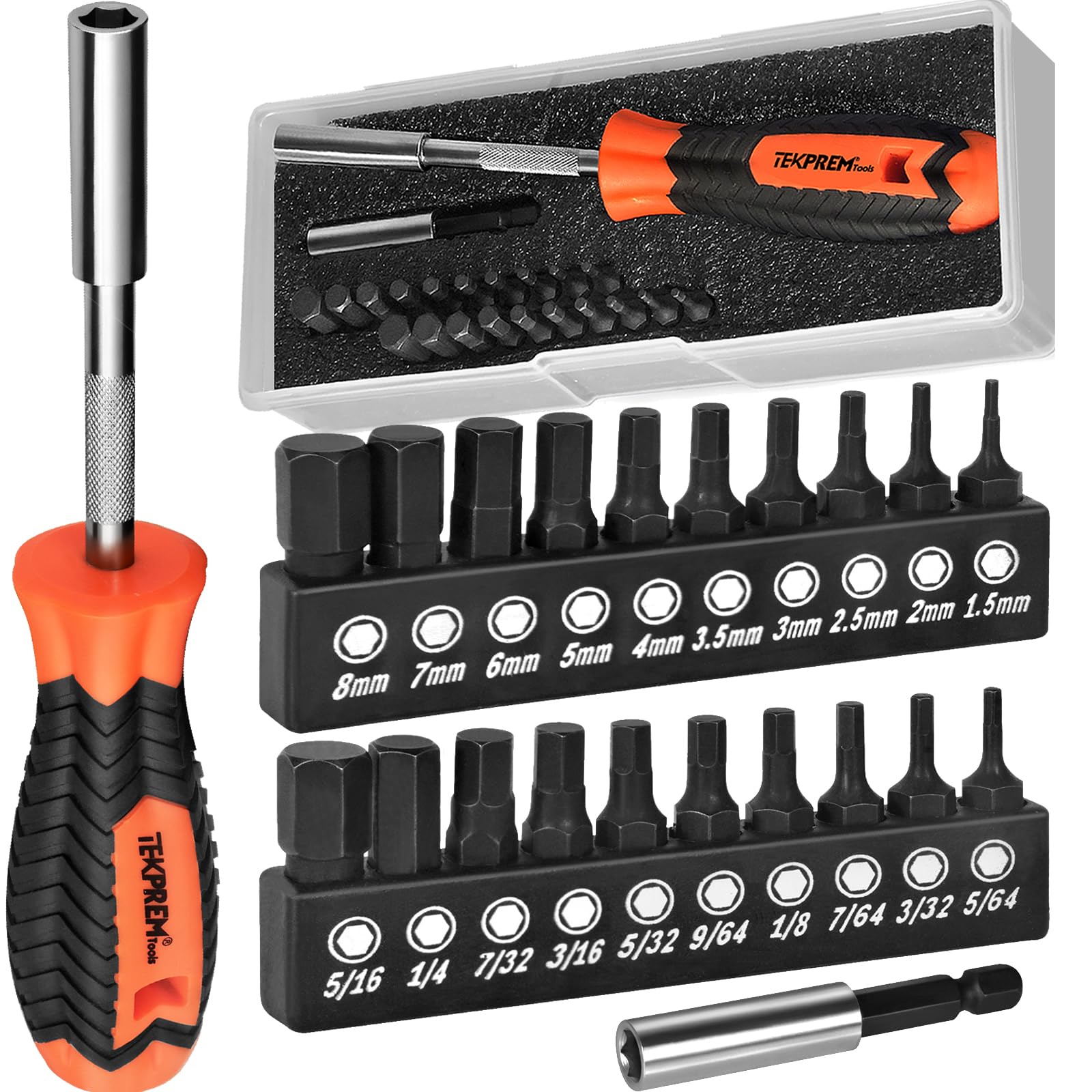 TEKPREM 20-Piece Metric & SAE Hex Bit Set with Magnetic 1/4" Screwdriver Bit Driver, Allen Wrench Drill Bits, Rubber Strip, and Storage Box