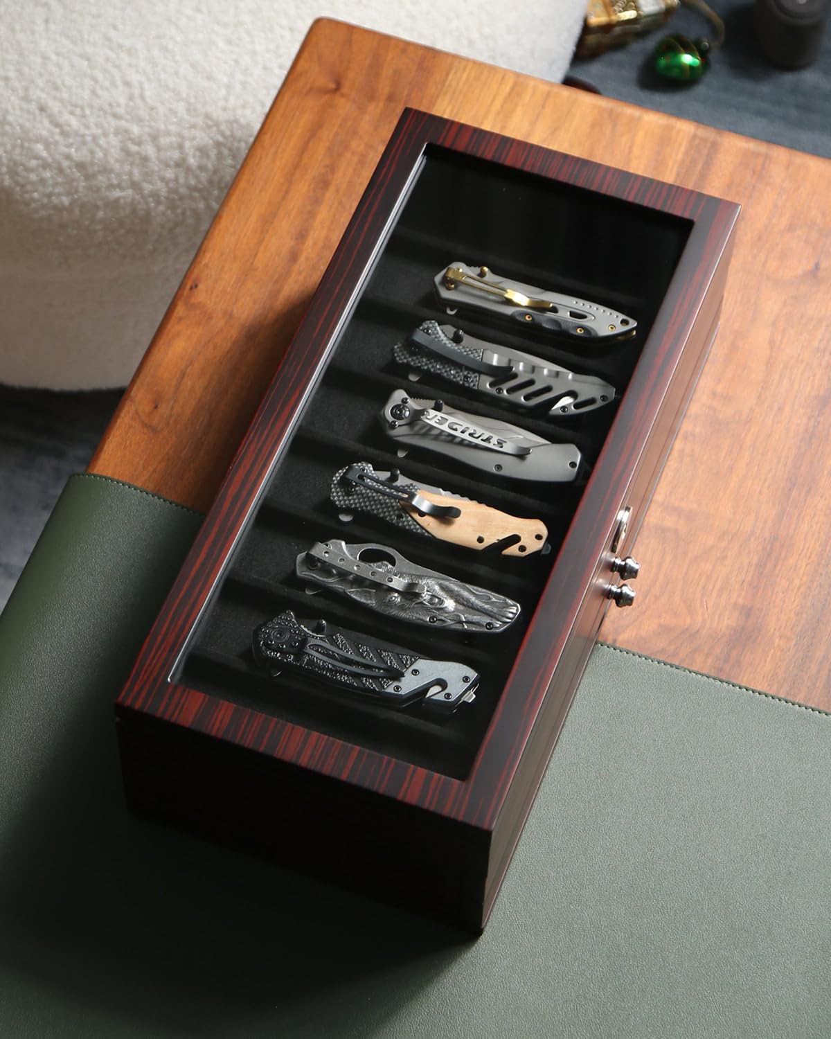 Bonaking Knife Display Case, 22-26 Slot Storage Box, Ebony Veneer, 3-Tier, Lockable, Showcase & Organizer for Pocket Knives, Men Gift, 15.9x7.8x4.5 inches