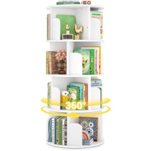 besiost rotating bookshelf, wood corner bookshelf, 360 display spinning bookcase storage rack, 4 tier floor standing revolving bookcase narrow book shelf organizer for small space, bedroom, white