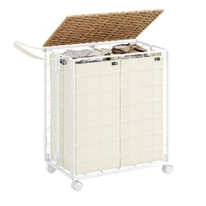 songmics laundry hamper, 110l laundry basket with lid, clothes hamper with wheels, collapsible removable liner bag, iron-made laundry sorter, natural beige and cream white ulcb211n01