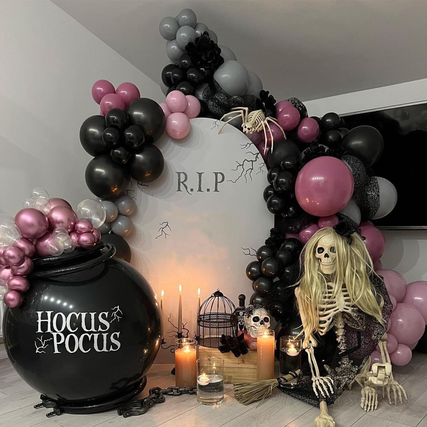 151PCS Halloween Pink Purple Black Balloon Garland Arch Kit with Bat Stickers for Kids Home Halloween Scary Spooky BOO Birthday Party Decorations (Pink Purple)