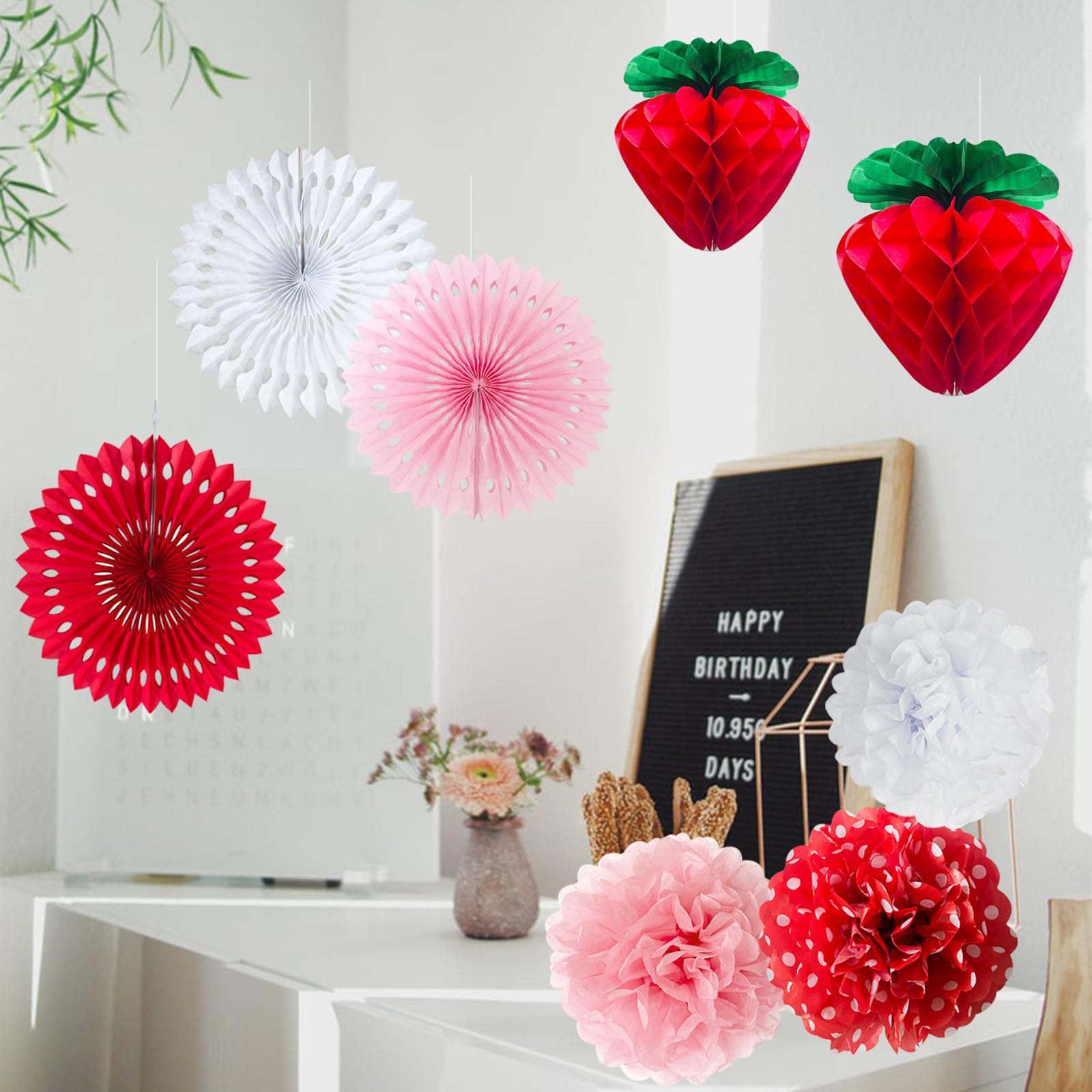 ANSOMO Strawberry Party Decorations Red Pink White Tissue Pom Poms Fans Honeycom Balls Lanterns Garland Classroom Berry Sweet Fruits 1st One Birthday Bridal Baby Shower Décor Supplies Girls