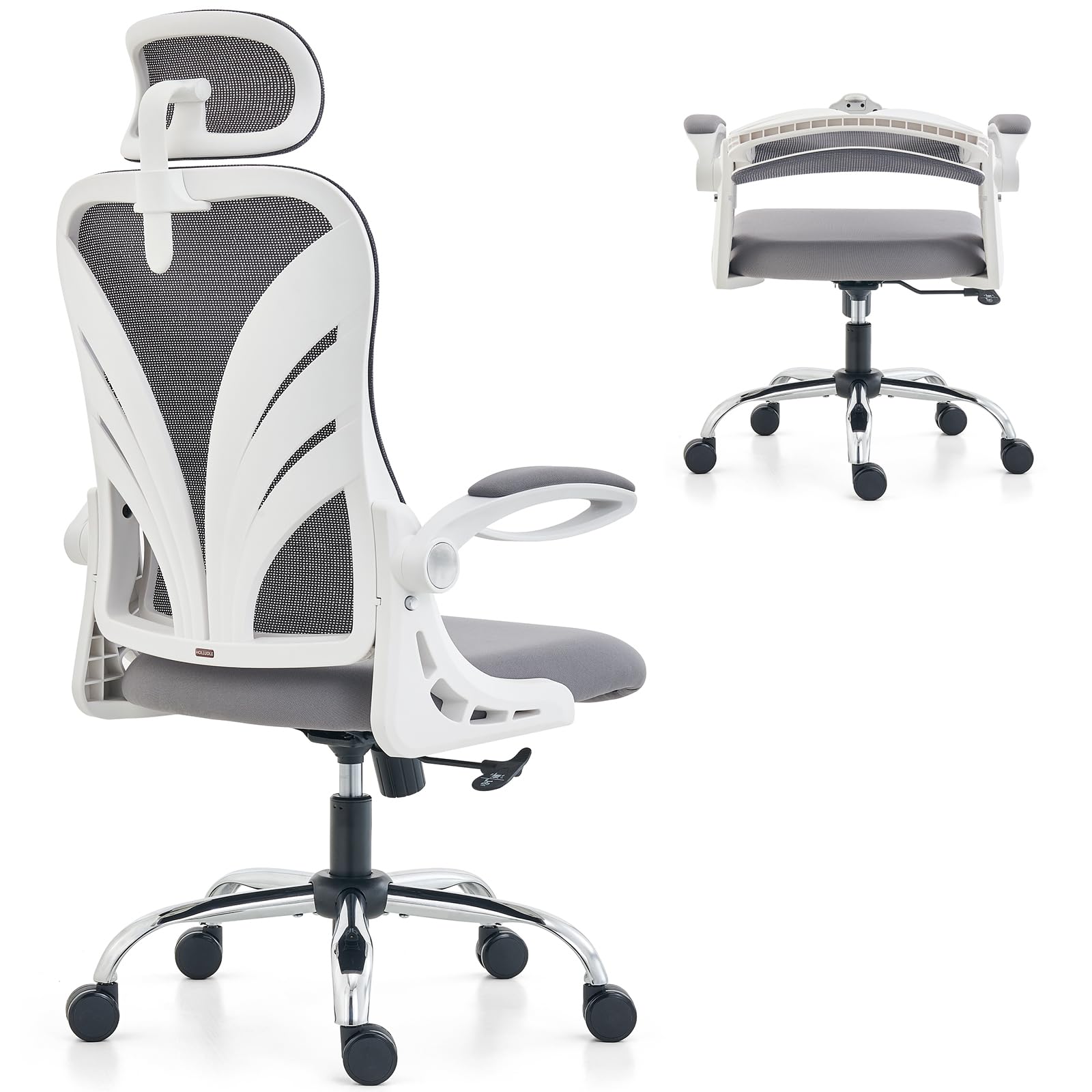 HOLLUDLE Ergonomic Office Chair with Foldable Backrest, Computer Desk Chair with Flip-up Armrests, Mesh Lumbar Support and 2D Headrest Big and Tall Office Chair, White