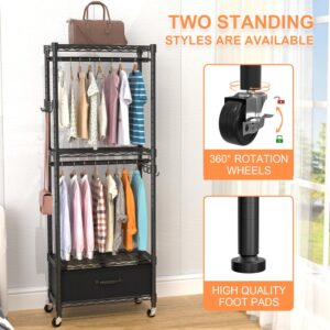 VyGrow Clothes Rack, Clothing Rack for Hanging Clothes, Kids Clothes Rack, 4 Tiers Adjustable Closet Organizer with Drawer | Double Rods | Side Hooks | Load 445lbs | 23" L x 13.18" W x 78.74" H